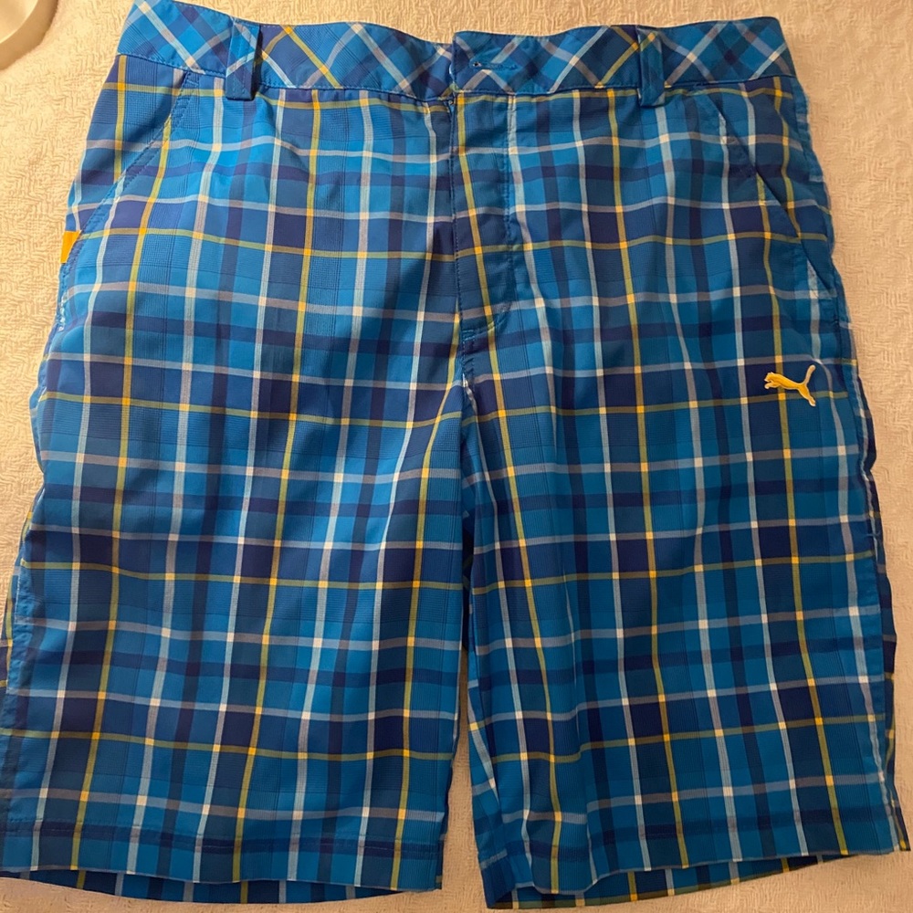 Puma golf shorts bright blue, navy and gold